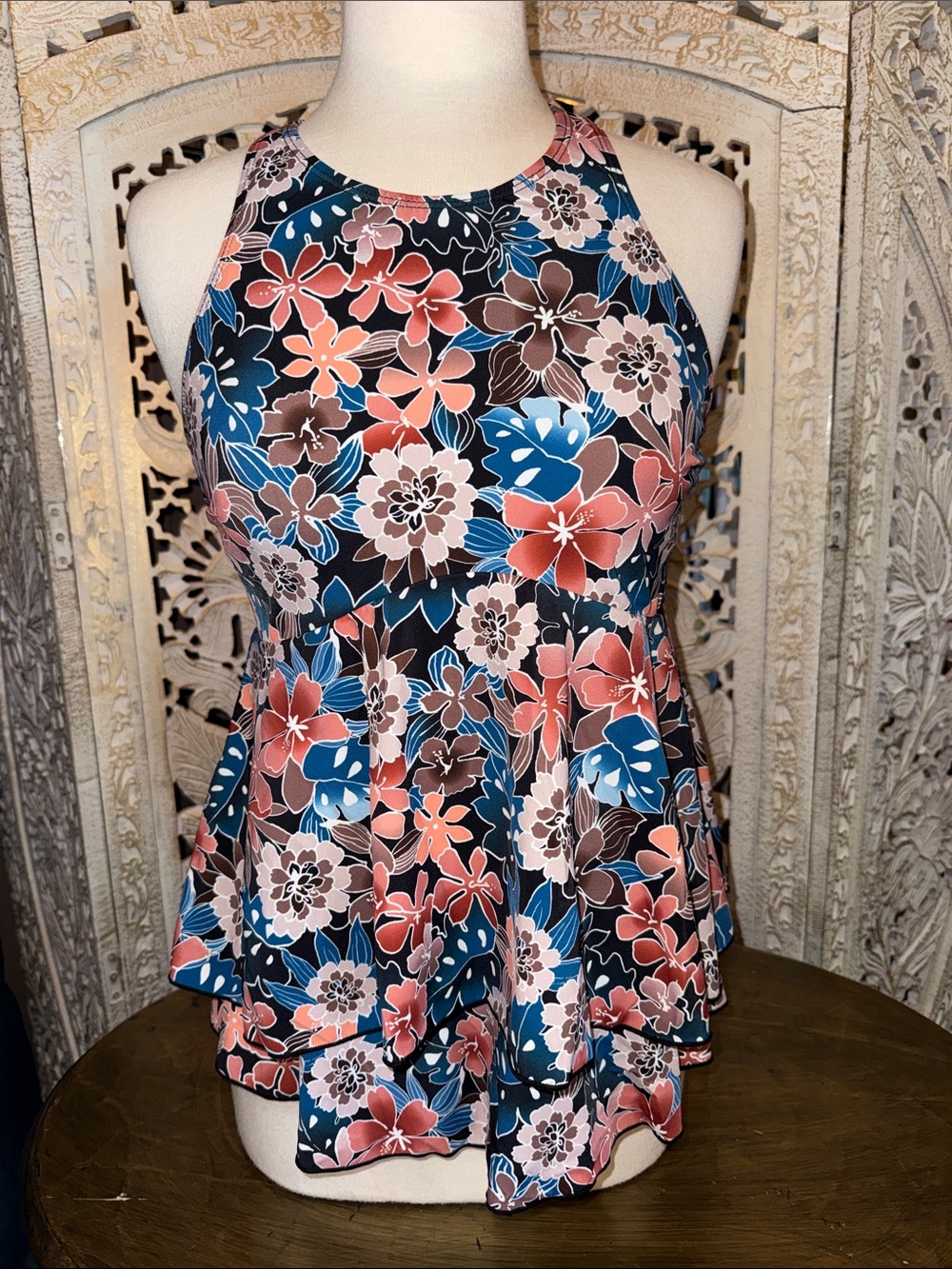 Women’s Floral Halter Swim Tank Top in Coral, Blue & Brown